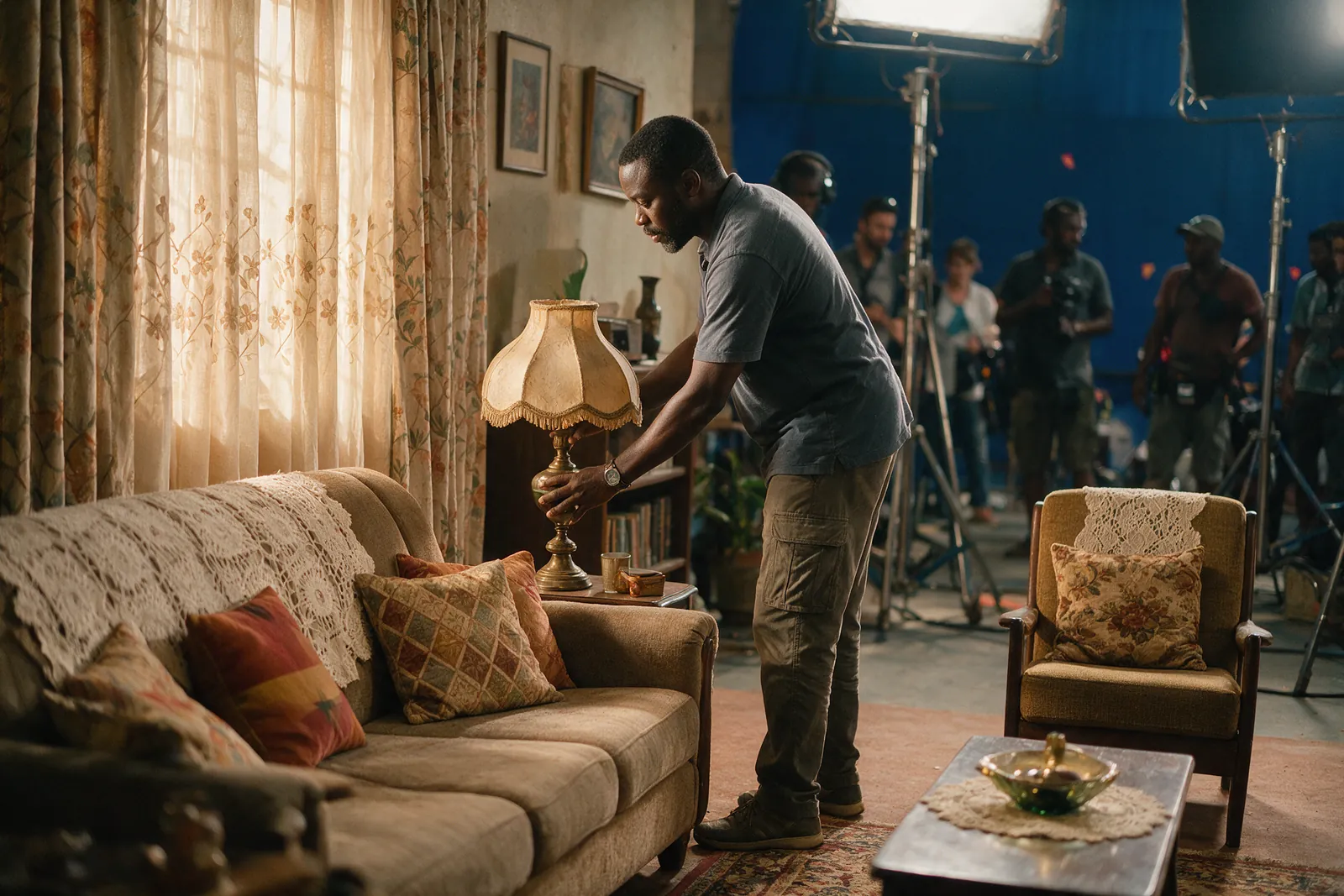Art directors: Placing the last lamp before the camera rolls.