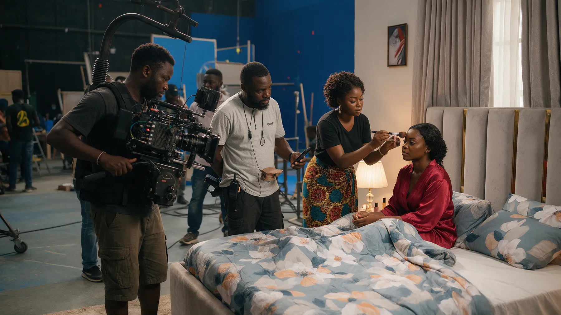 On the studio floor: Camera, make-up and set dressing, all working inside one dressed room.