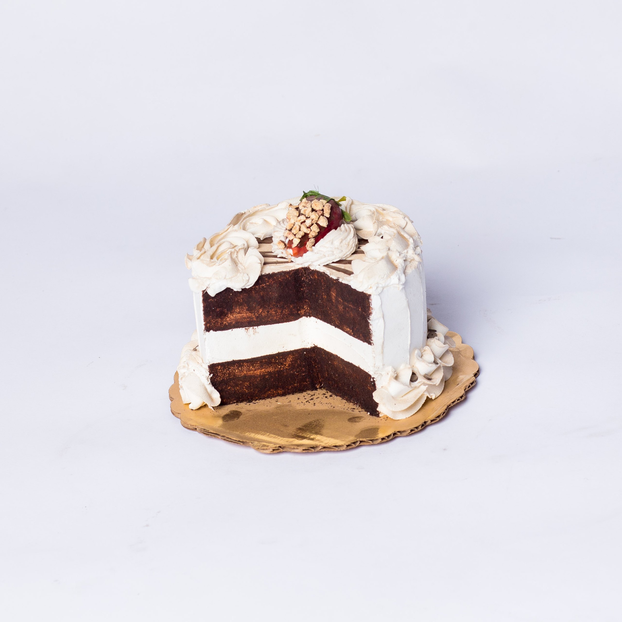 Sliced vanilla chocolate cake