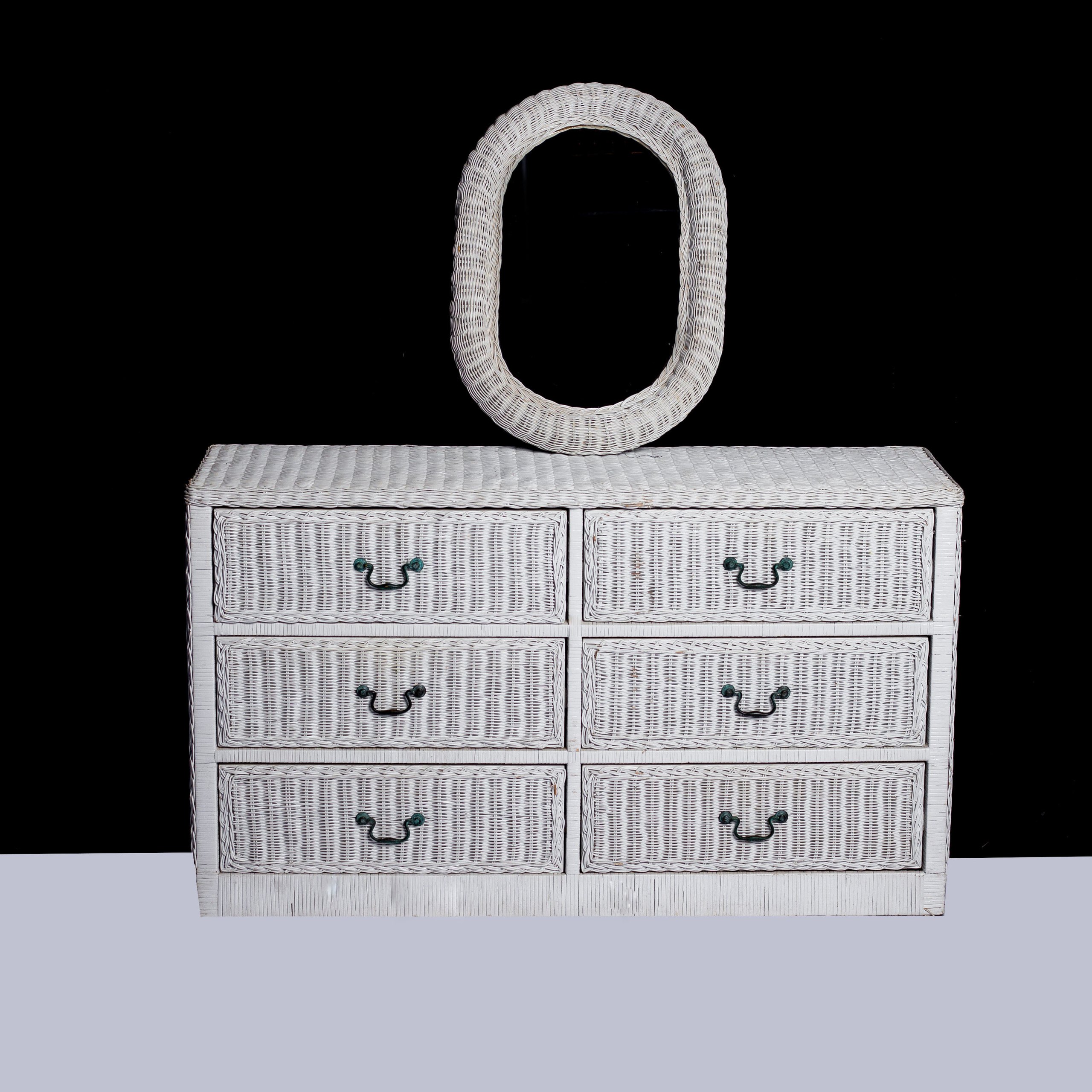 White cane woven dresser with mirror